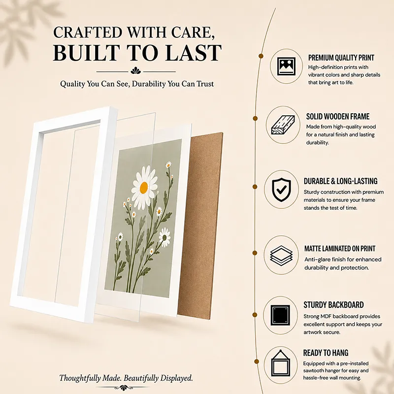 Exploded view of a framed floral print with illustrated material and build callouts.