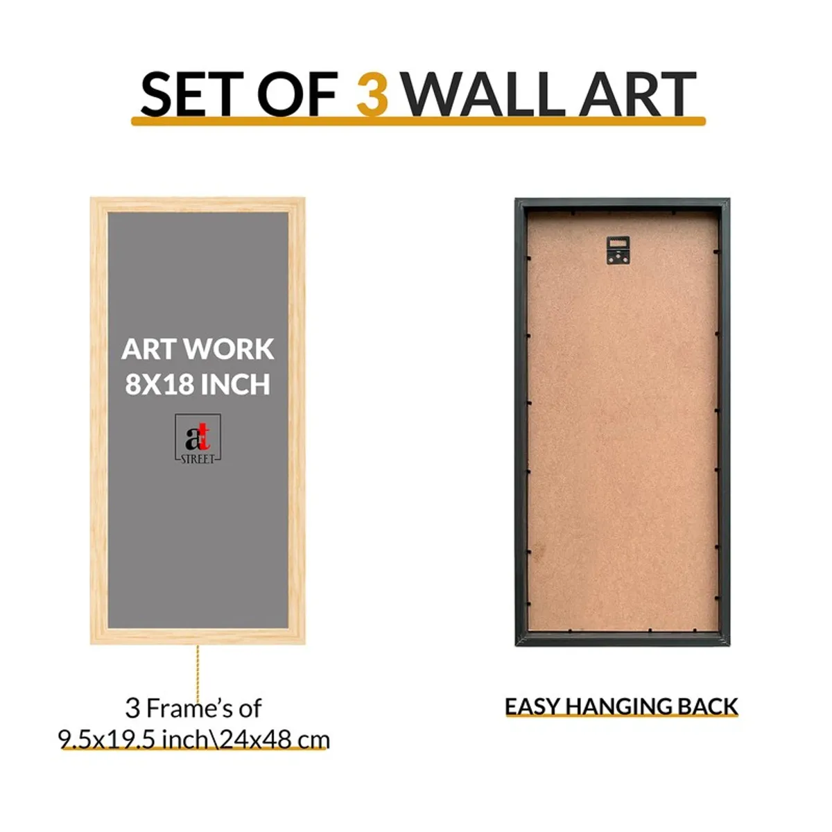 Front and back views of a rectangular framed wall art panel