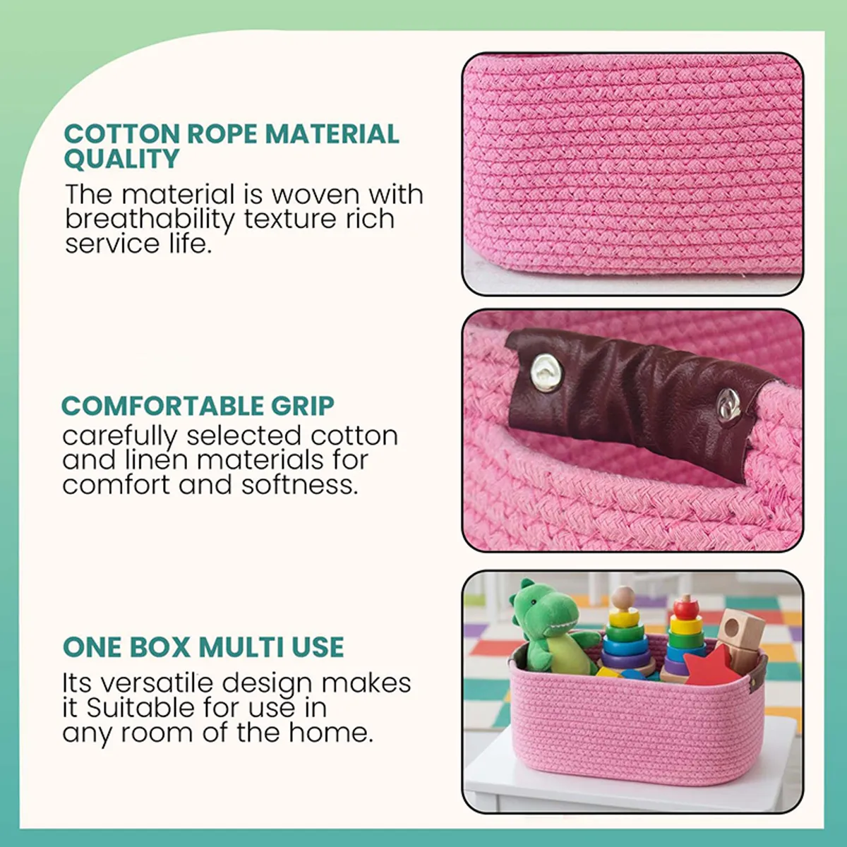 Collage showing the pink woven basket texture, side handle and basket used for toy storage