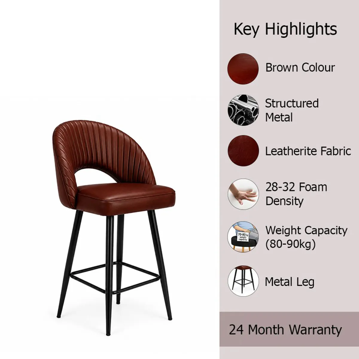 Brown ribbed bar chair with black metal legs on a white background