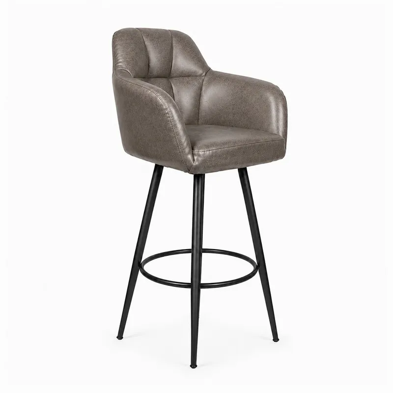 Angled view of dark grey upholstered bar chair with black metal legs
