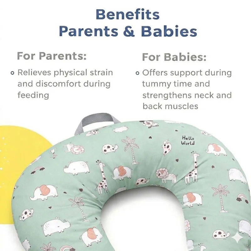 Green U-shape feeding pillow with playful animal print on a white background