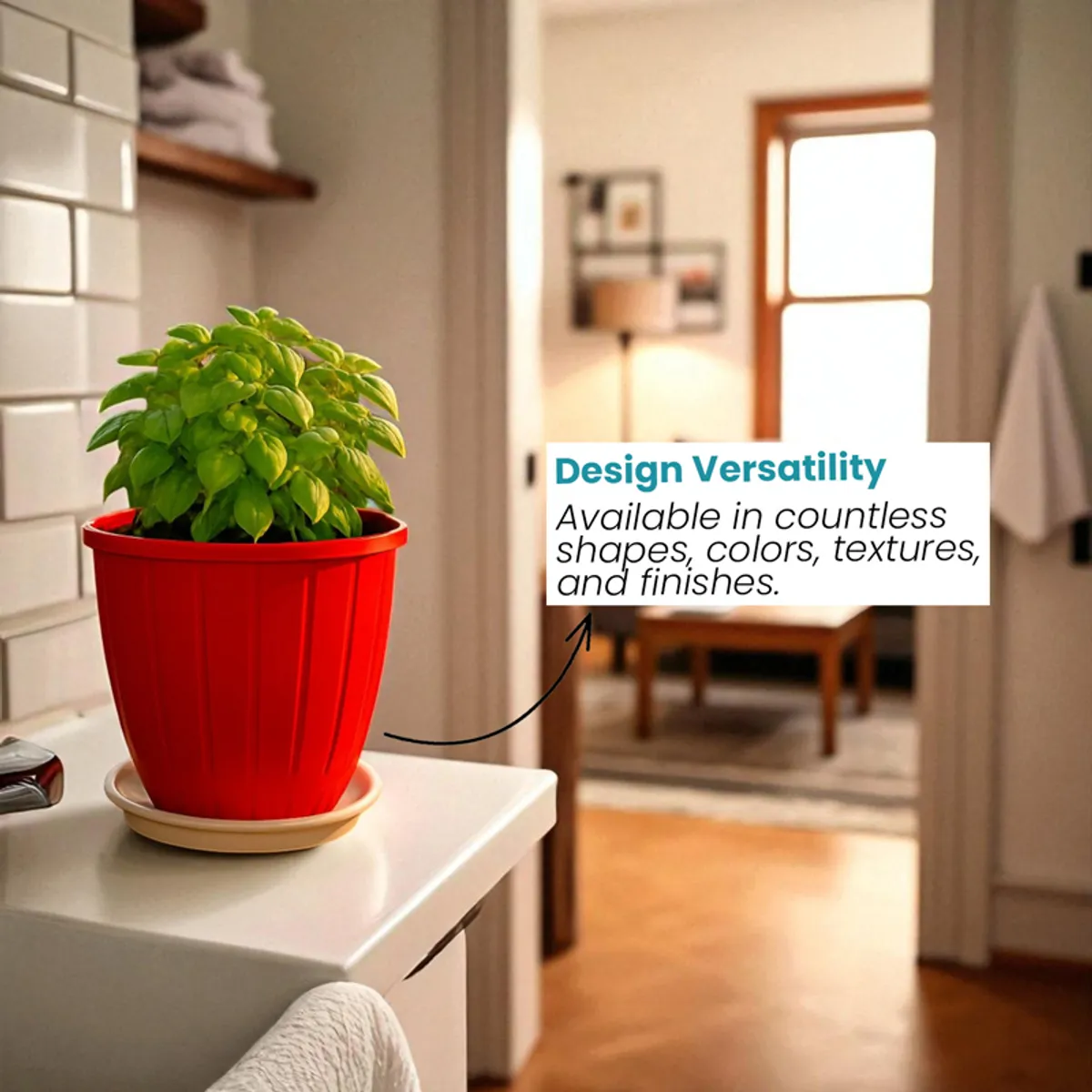 Red planter with a green plant and white tray shown in an indoor setting.