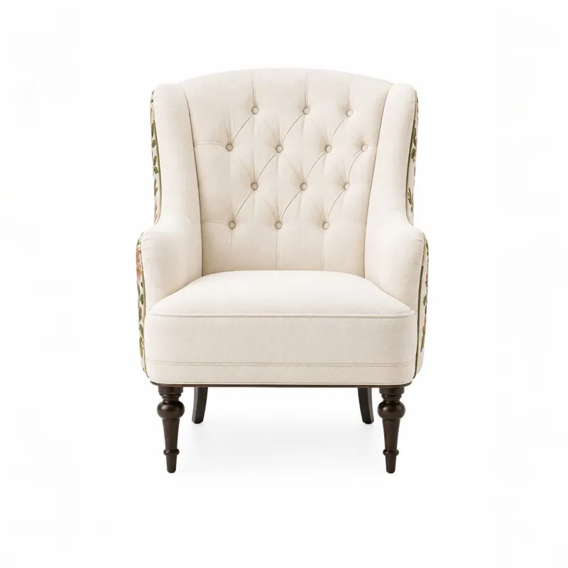 Front view of cream tufted lounge chair with dark wooden legs