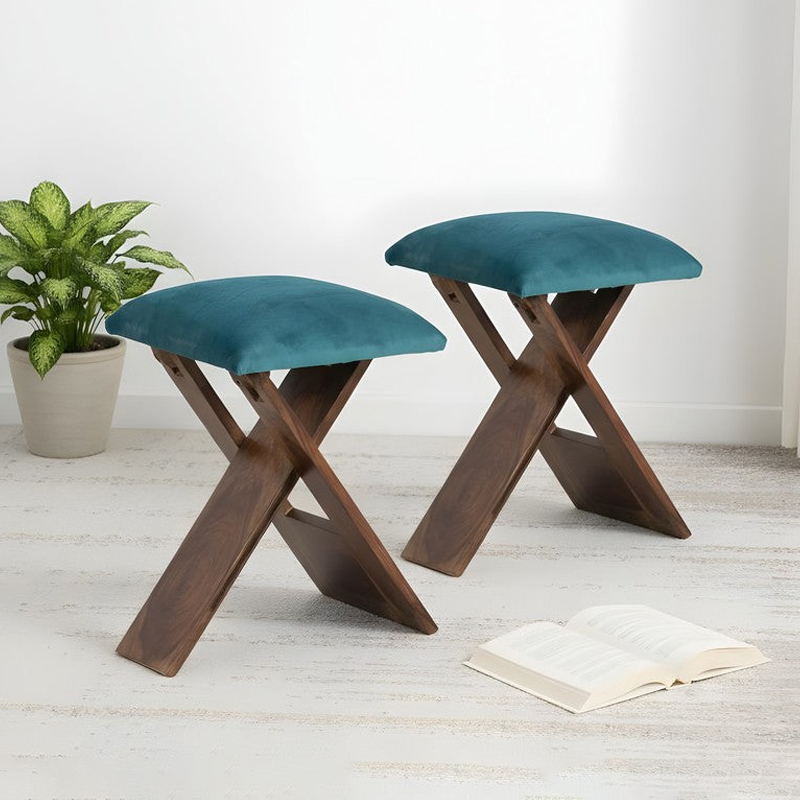 Grixo Sheesham Wooden Stools (Blue) - Set Of Two