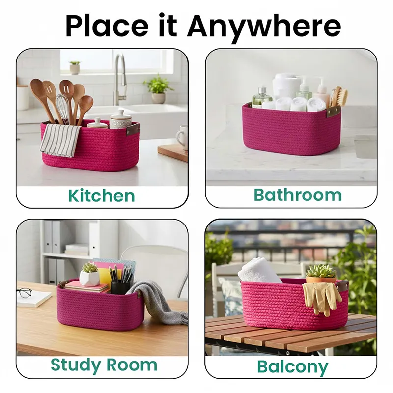 Dark pink storage basket styled in kitchen, bathroom, study room and balcony