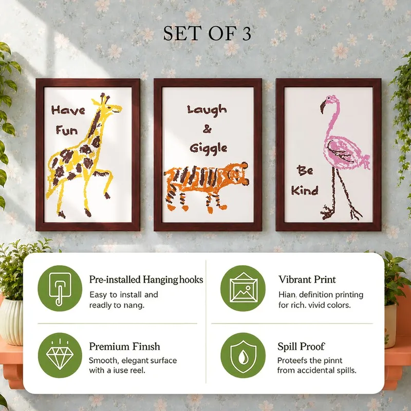 Set of three framed animal art prints with feature icons below
