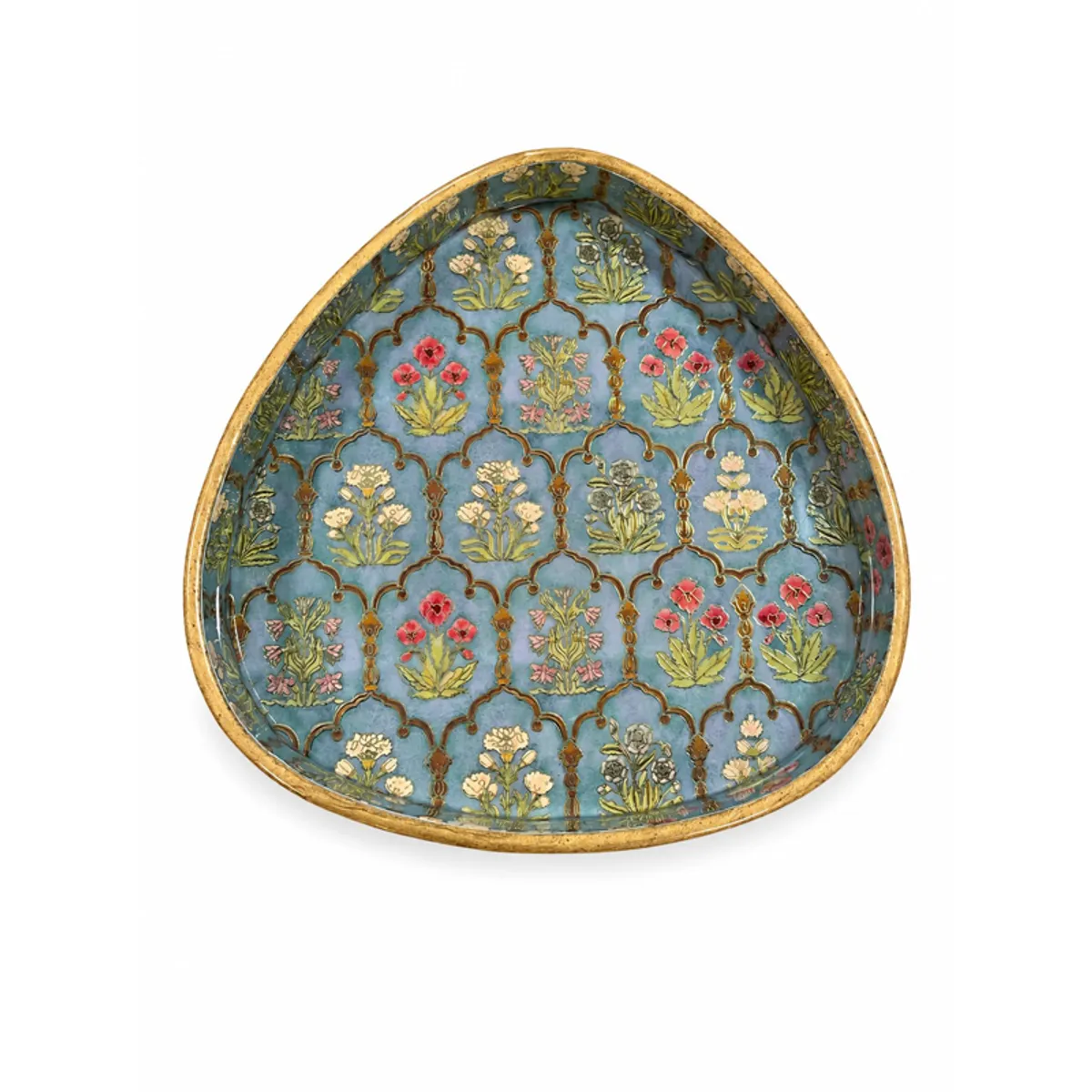 Single blue floral serving tray with a rounded triangular shape