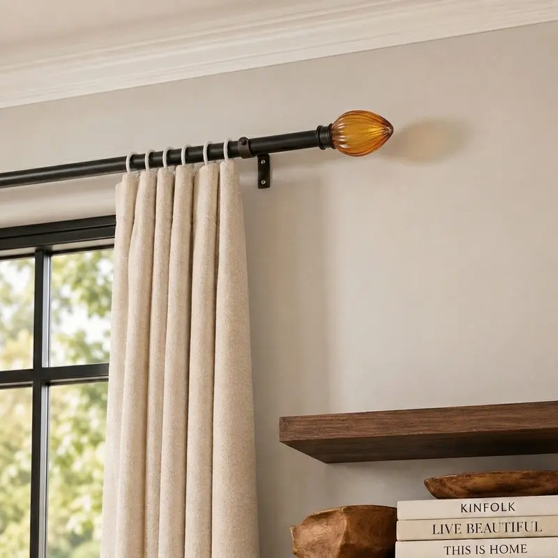 HangFit Extendable Curtain Rod with Lotus Bud Finial & Brackets - Black - M