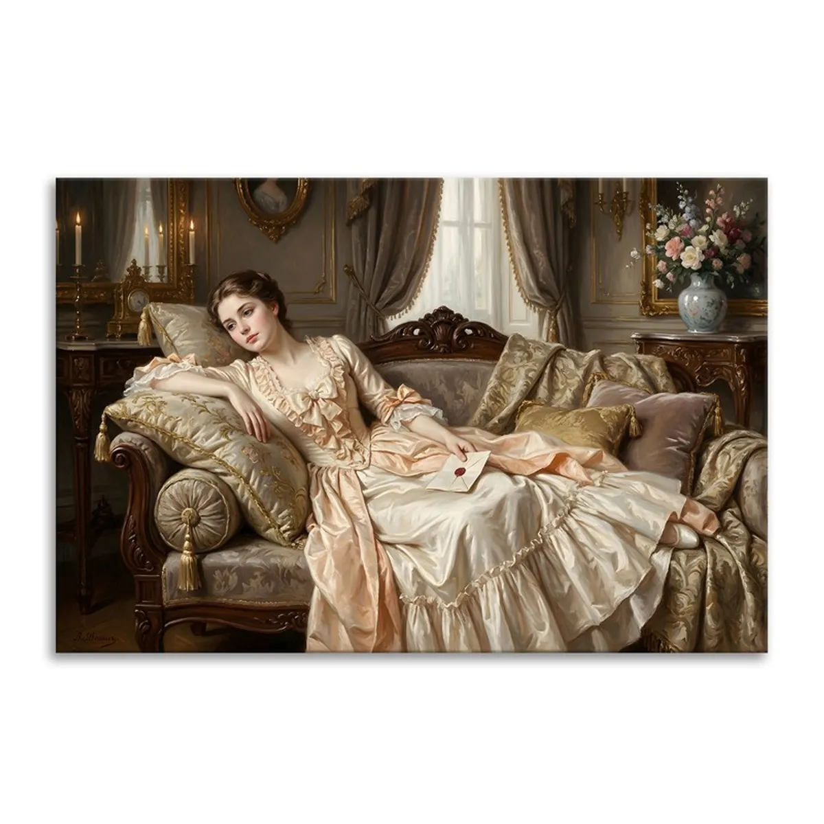 Rectangular canvas print showing a woman reclining in an ornate vintage interior
