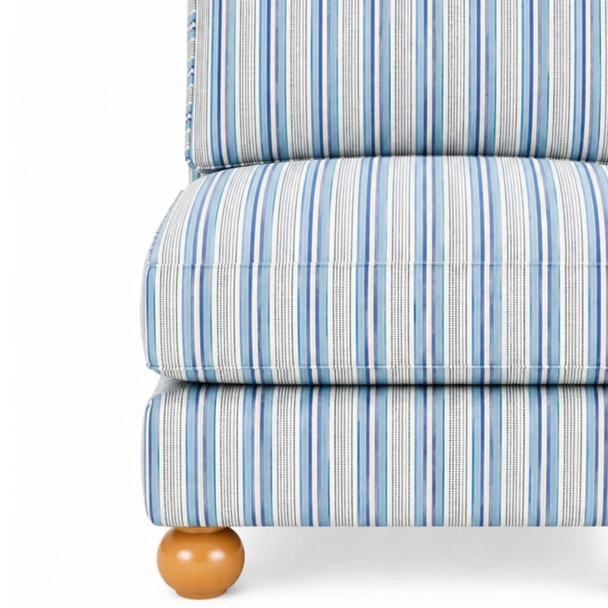Close-up of the chair's blue and white striped upholstery