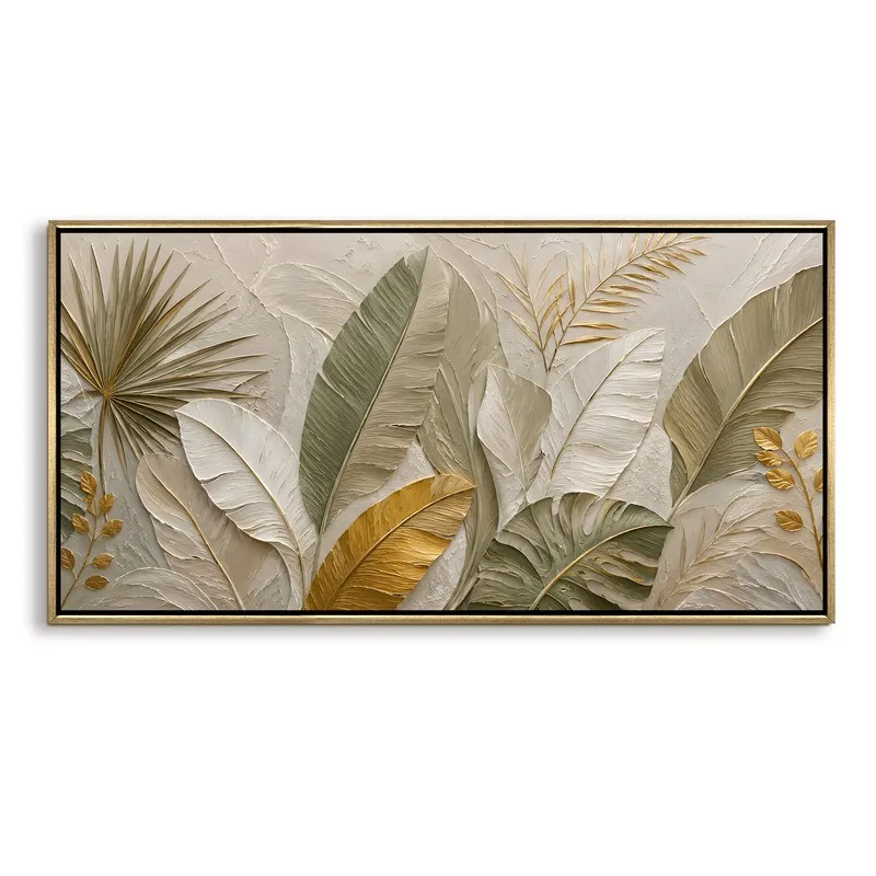 Rectangular tropical leaves canvas wall painting with a slim gold-toned frame
