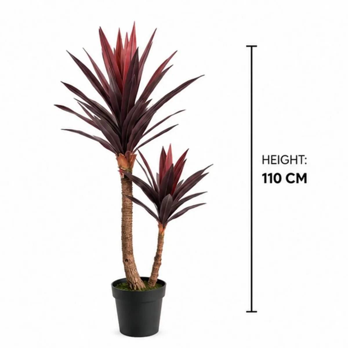 Artificial Dracaena plant in a black pot shown with a 110 cm height reference