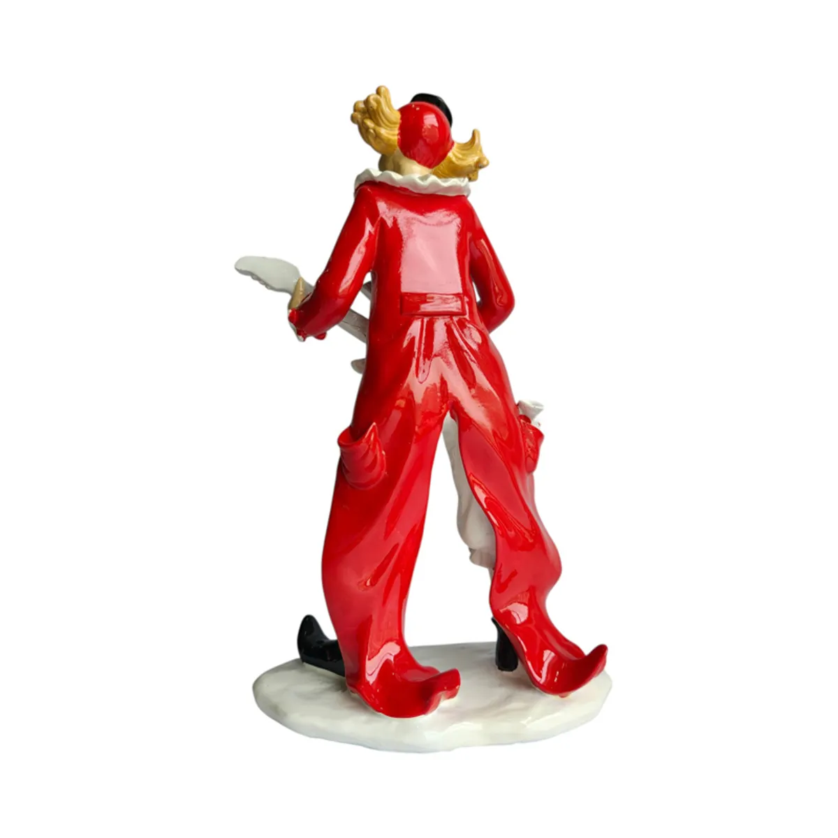 Rear view of the clown figurine in a glossy red performer outfit