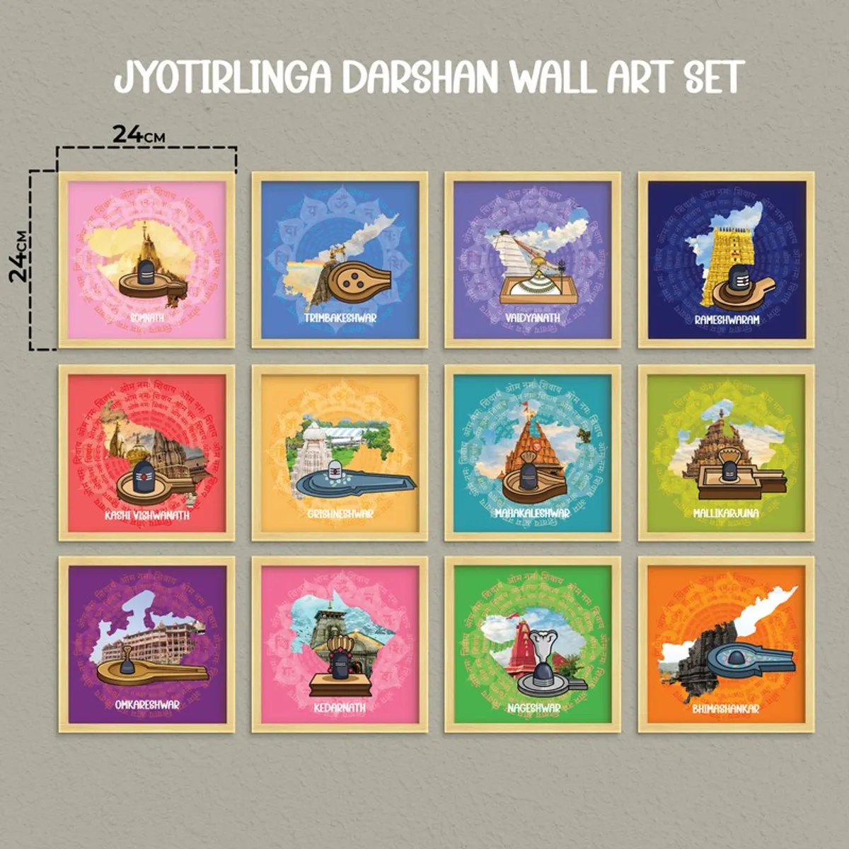 Twelve colourful square Jyotirlinga frames shown together with 24 cm size markings