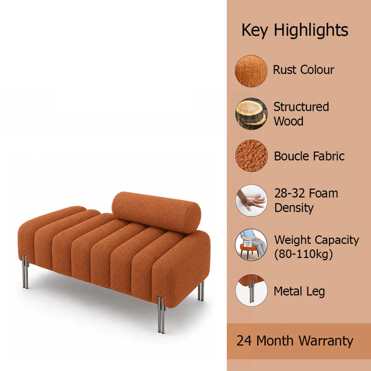 Rust bench shown with a visible dimensions diagram