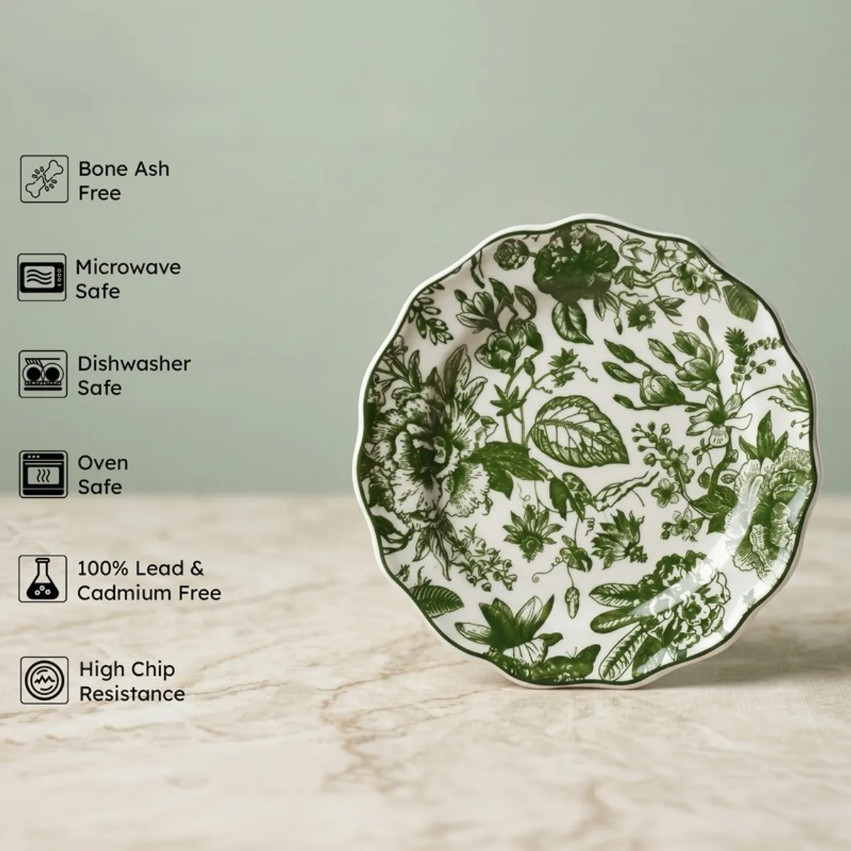 Green and white botanical quarter plate with scalloped rim