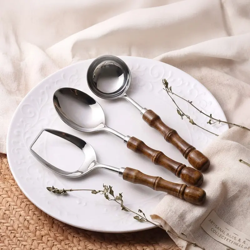 Harvest Handle Stainless Steel & Wood Serving Spoon - Three Piece Set