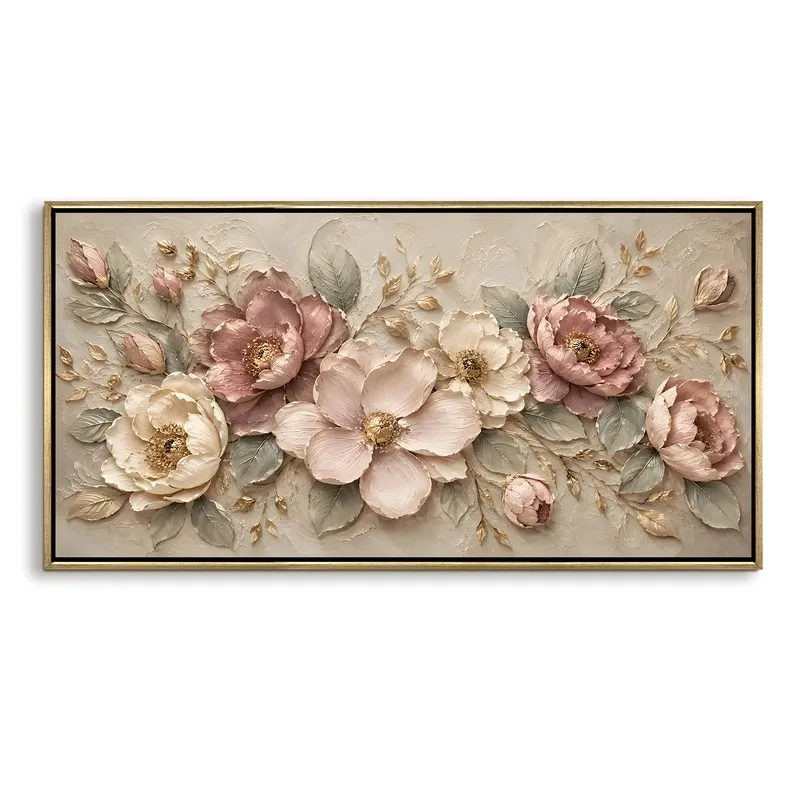 Wide floral wall painting with soft pink flowers and muted leaves in a slim gold-toned frame