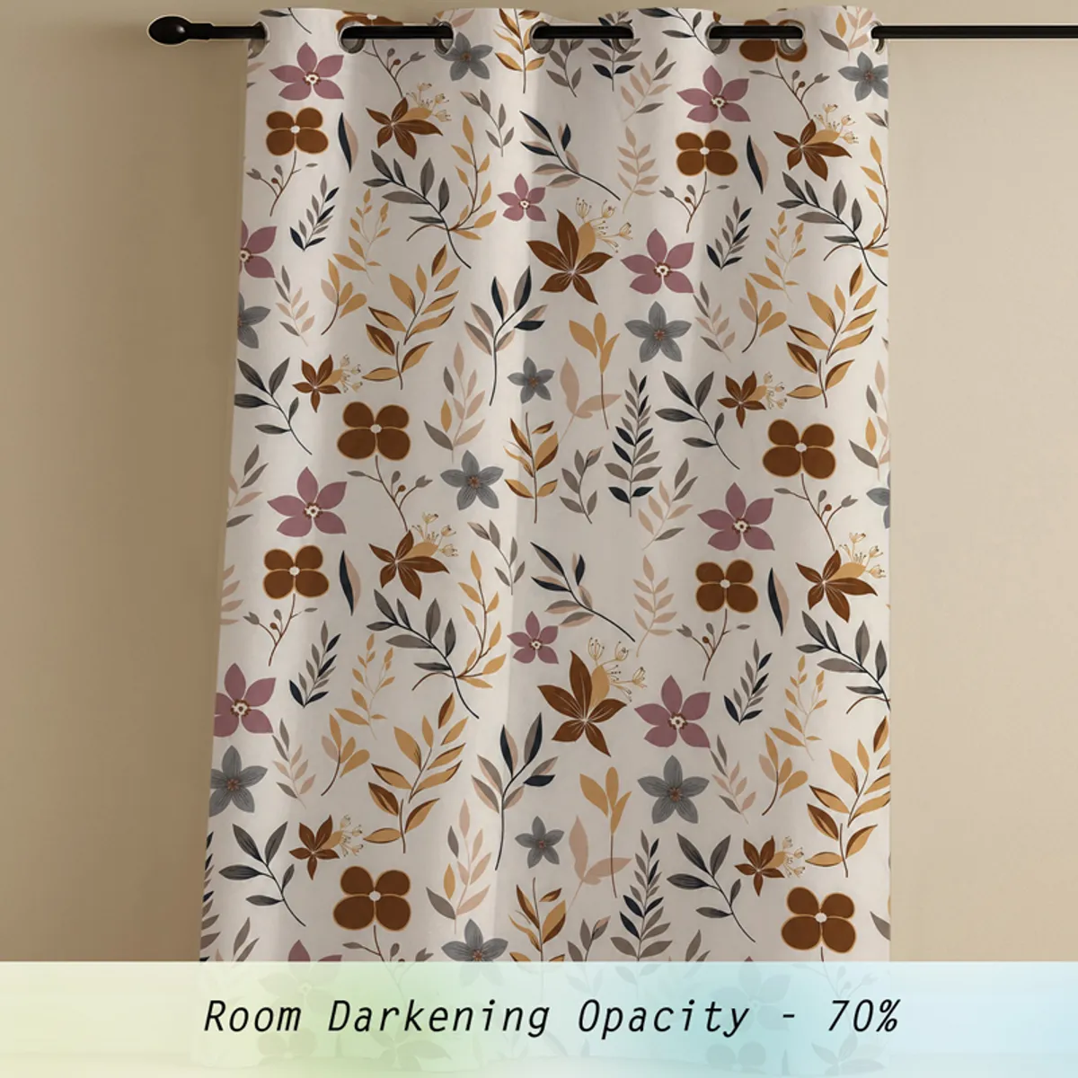 Single floral curtain panel hanging from a rod in a neutral-toned room.