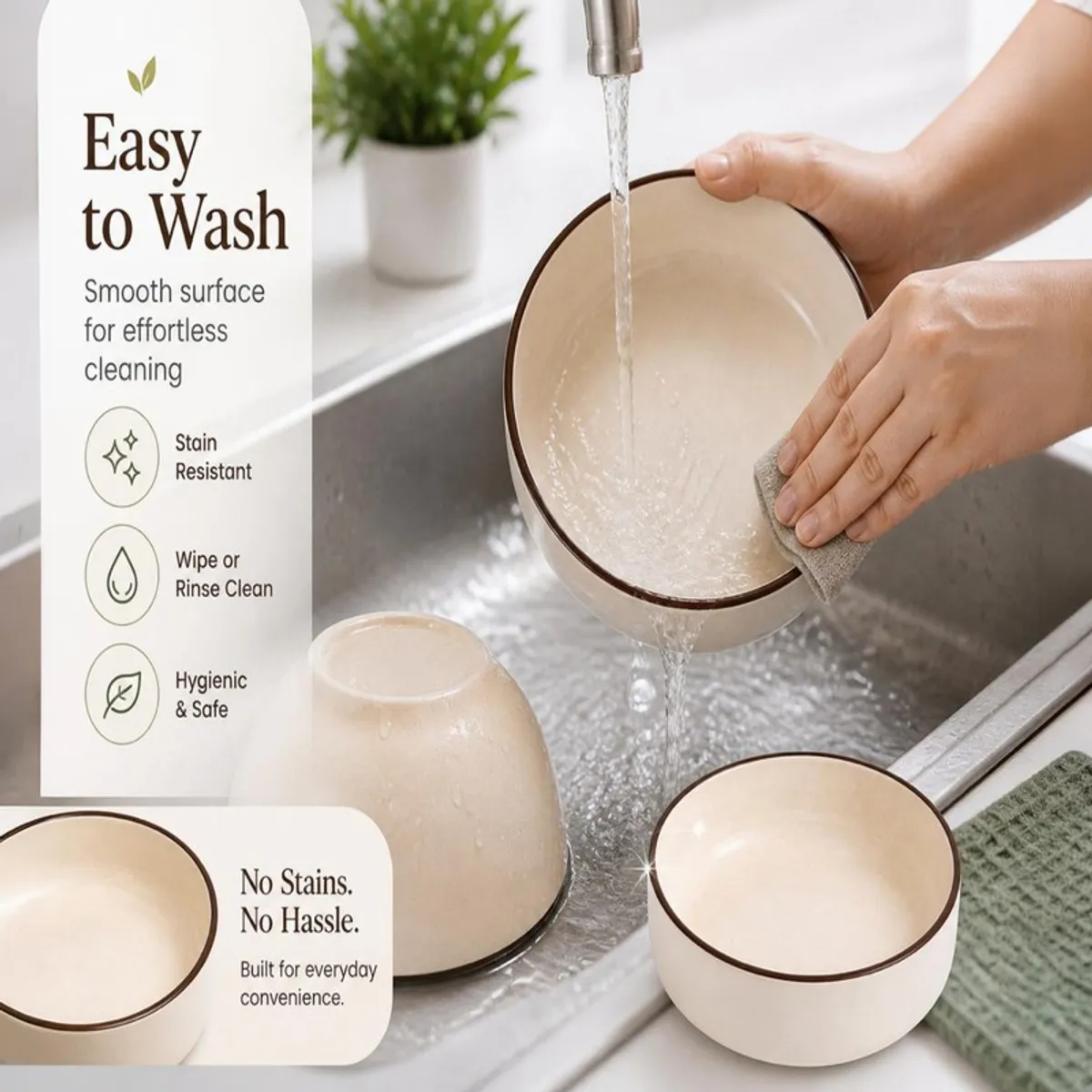 Hands washing an off-white ceramic bowl under running water