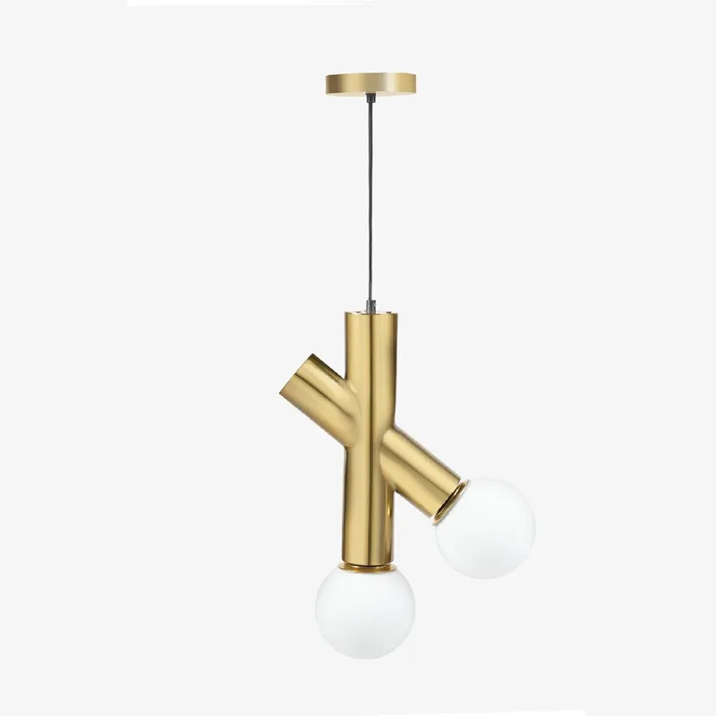 Full view of gold hanging ceiling lamp with two white globe shades