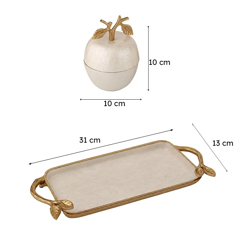 Ivory apple jar and matching tray shown with 10 cm and 31 cm dimensions