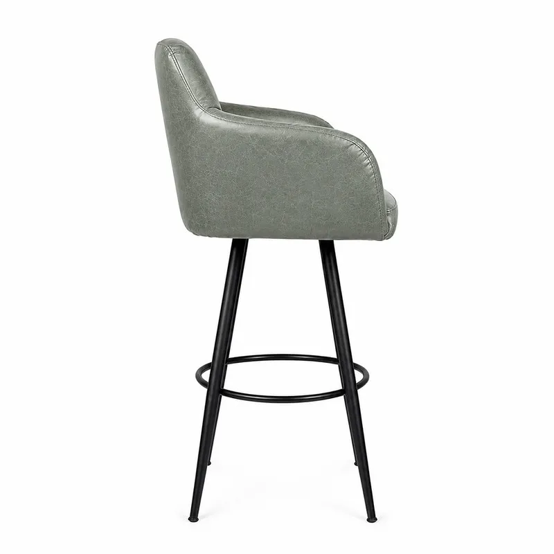Side view of a grey upholstered bar chair with black metal legs