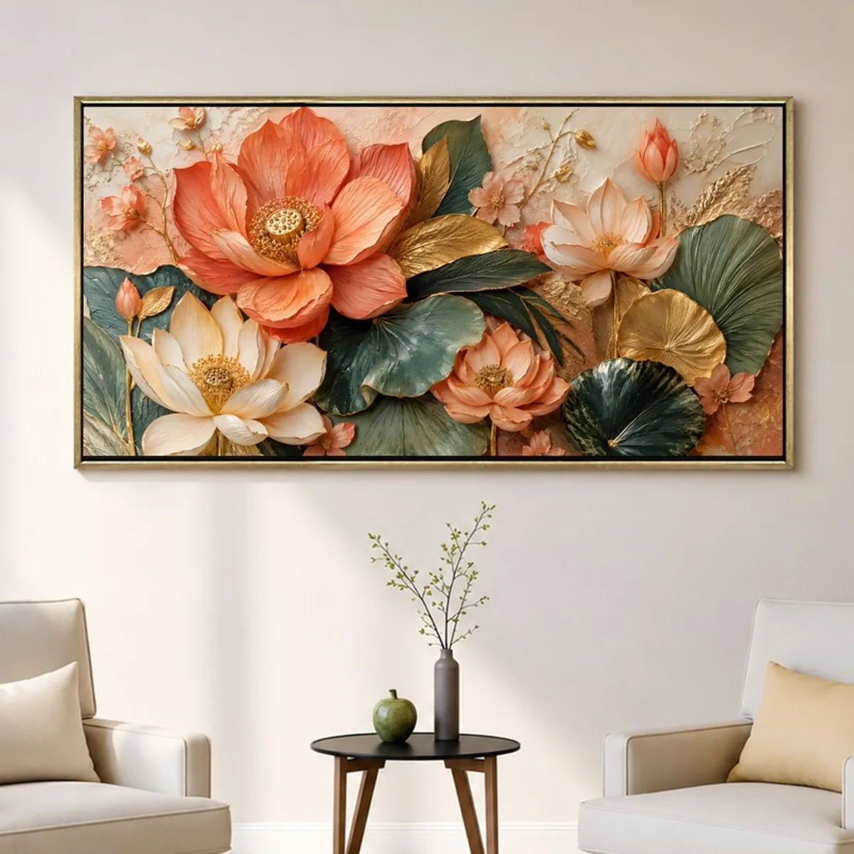 Botanical lotus canvas wall art with coral flowers and green leaves