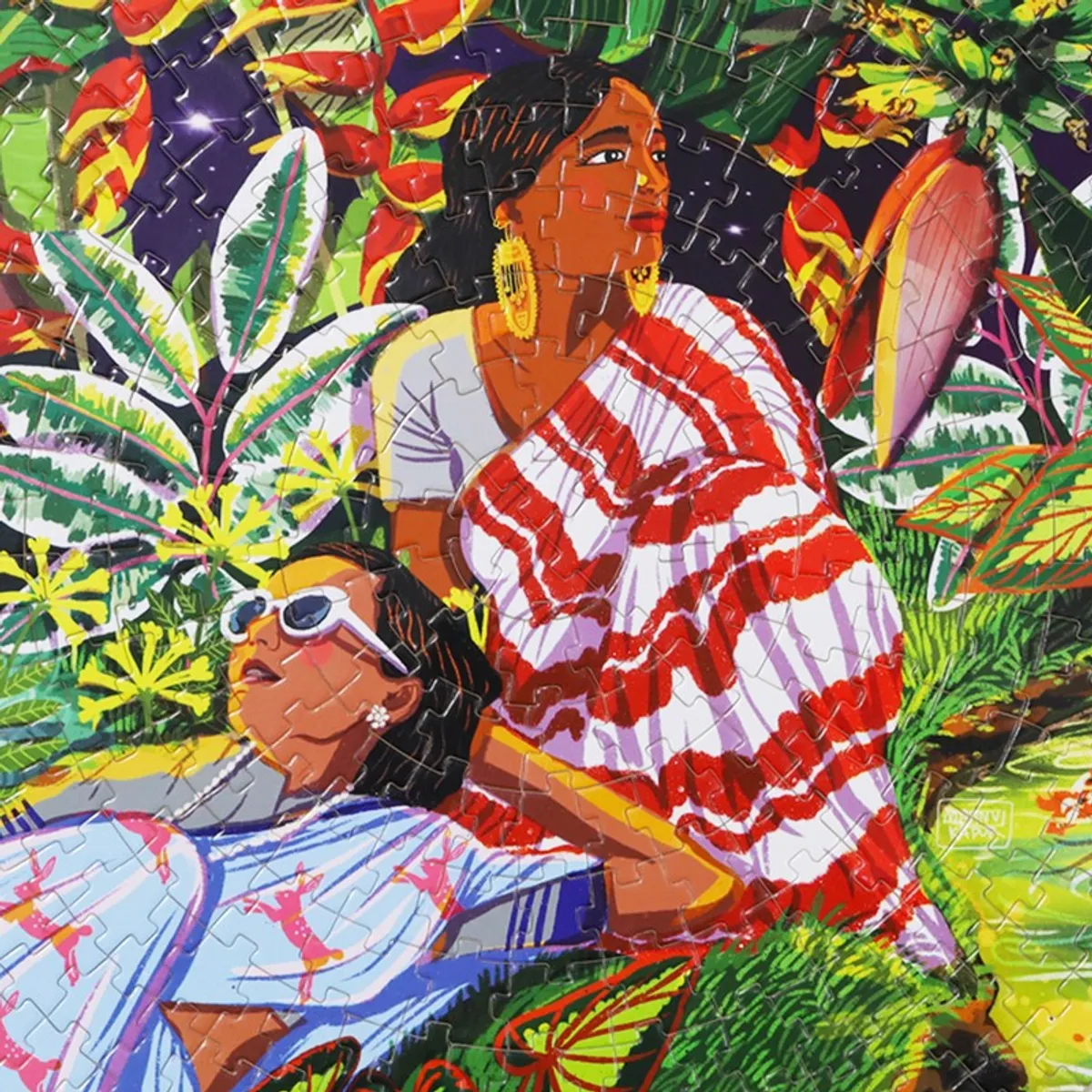 Detailed view of the colourful figurative garden artwork inside the round frame