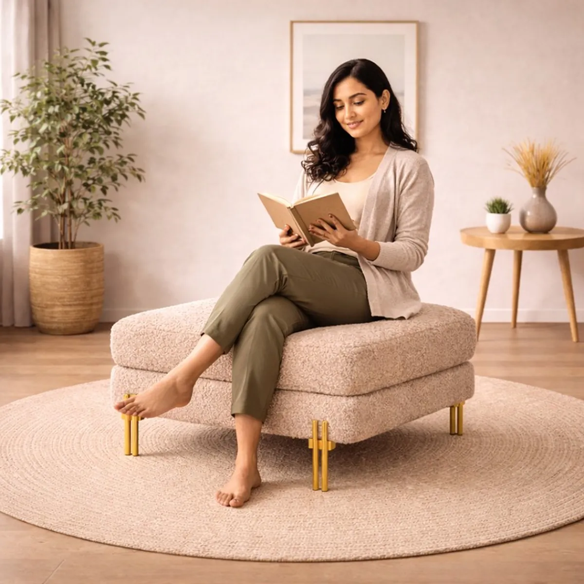 Woman seated on a boucle ottoman with gold legs in a living room