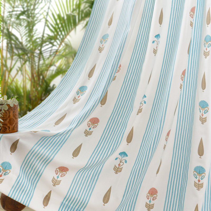 Harmony Fold Printed Cotton Curtains (Blue) - Set of Two - Door - 7 Feet