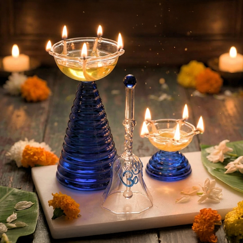 DevDhwani Glass Pooja Bell - Three Piece Set