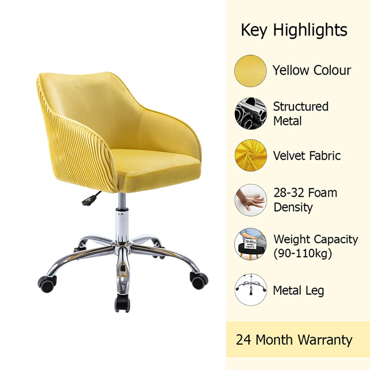 Yellow velvet office chair showing structured metal frame and padded seat and backrest.