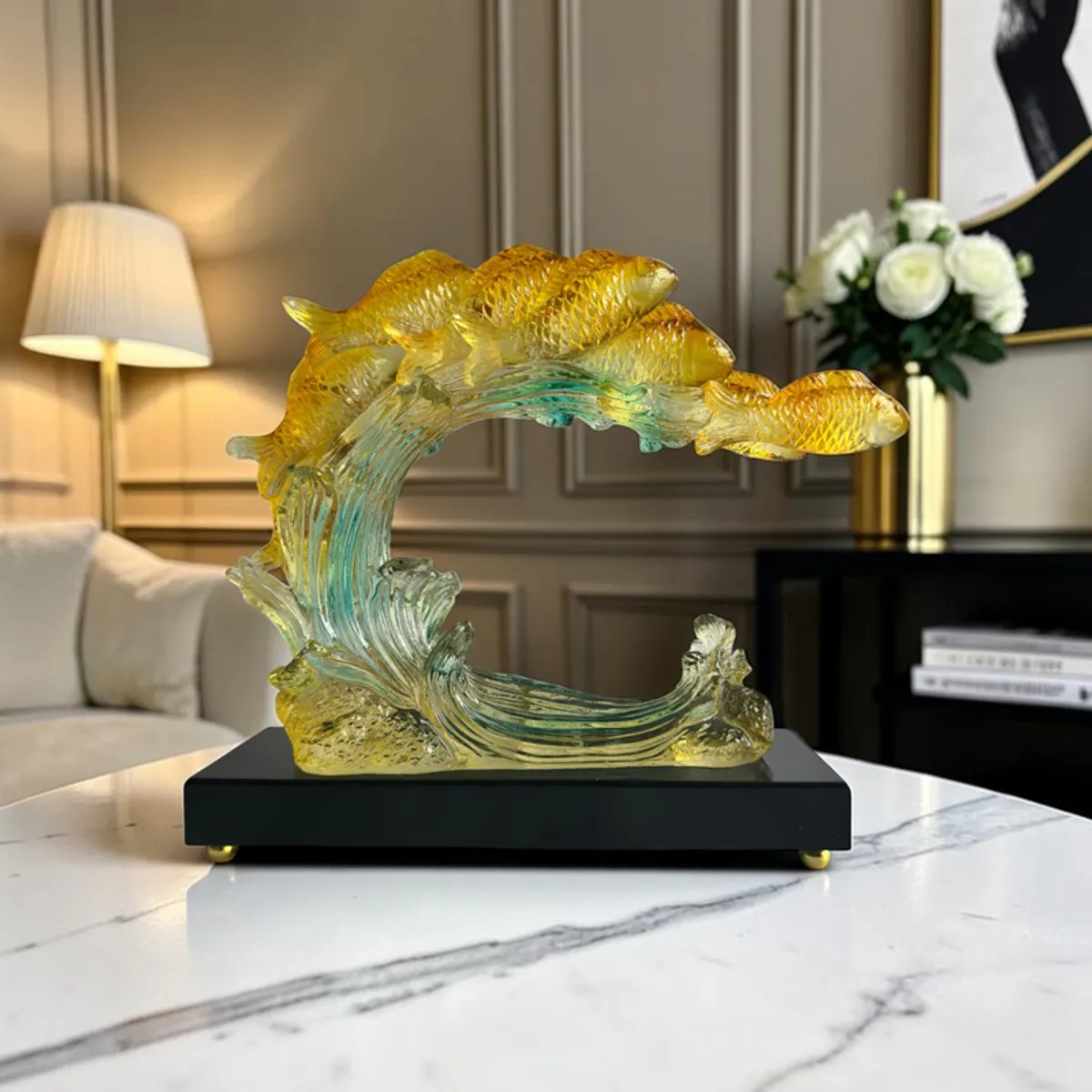 Koi wave showpiece displayed on a white table in a contemporary room