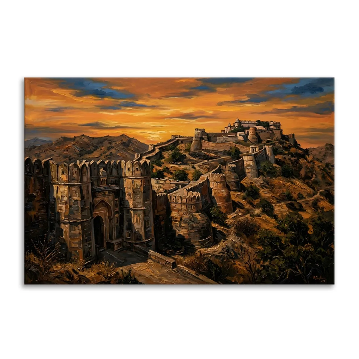 Rectangular wall painting showing a fort landscape at sunset in warm earthy tones
