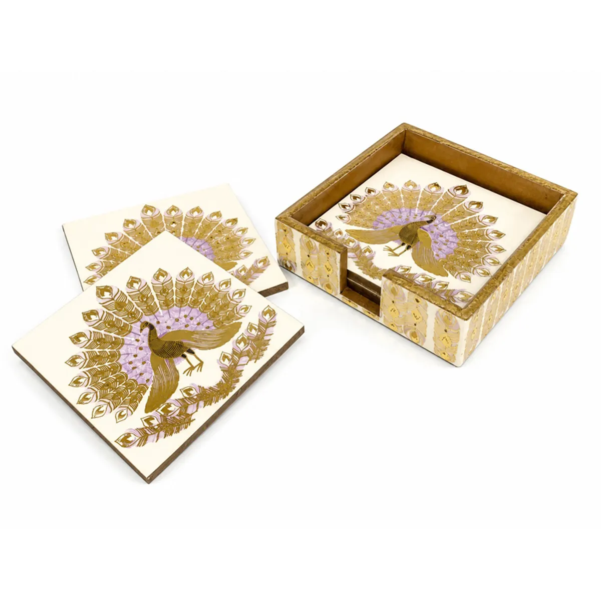 Peacock coasters displayed beside their matching decorative storage box