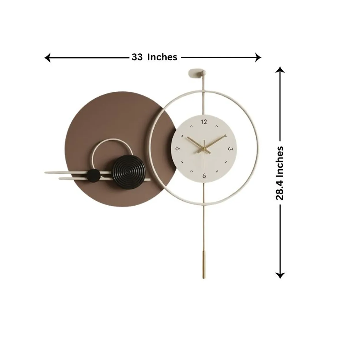 Front view of abstract wall clock with dimensions shown in the image