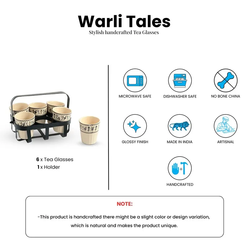 Warli Tales tea cups and holder with a note about natural variation