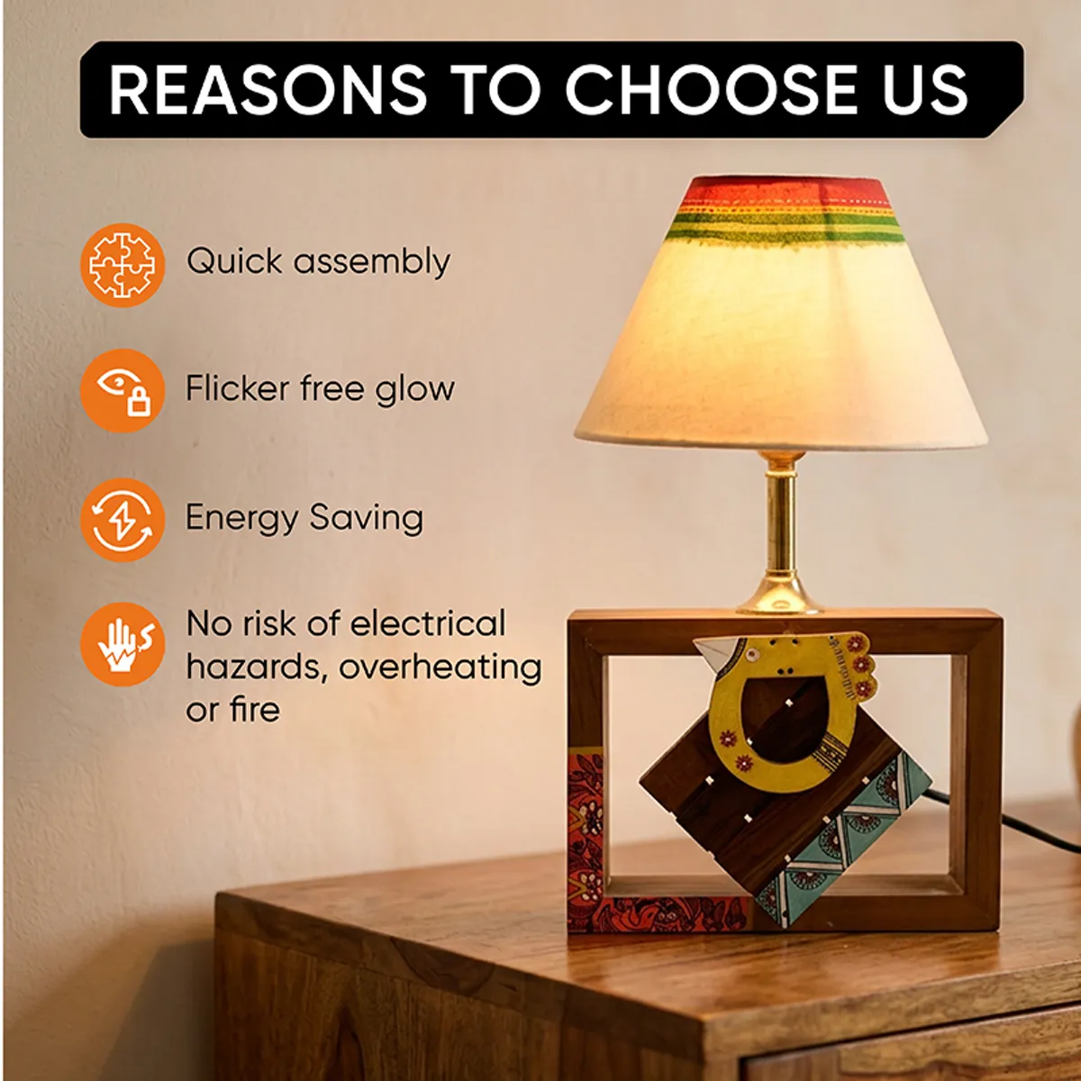 Lit multicolour table lamp on a wooden side table
