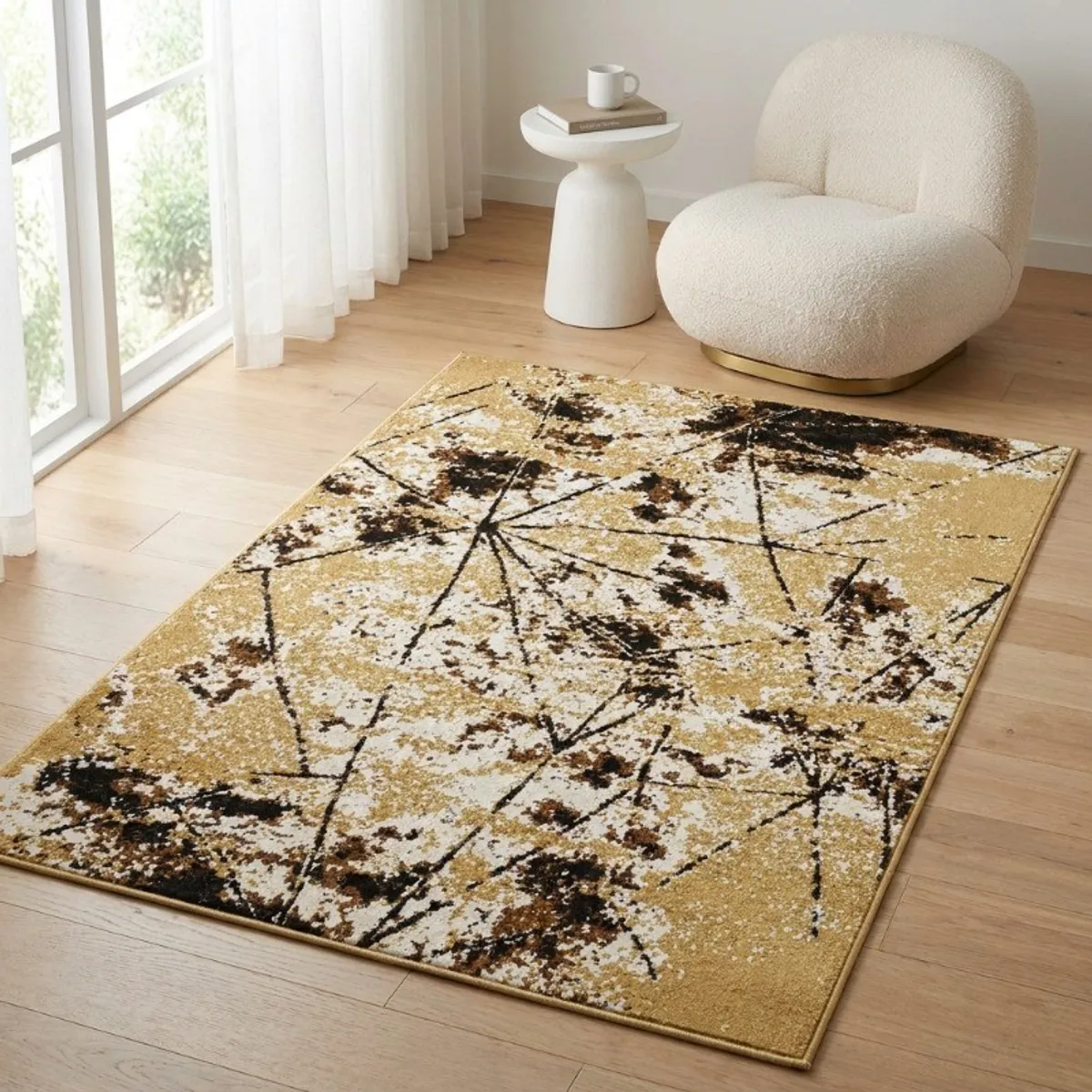 Beige and brown abstract carpet placed in a bright room with a chair and side table