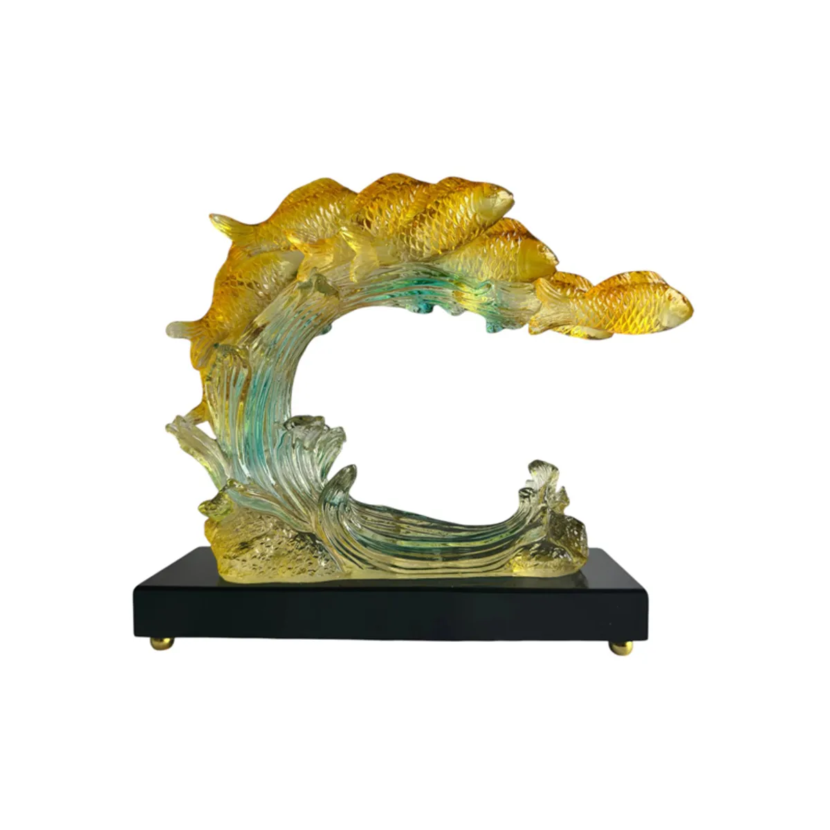 Front view of yellow and blue koi wave sculpture on a black base