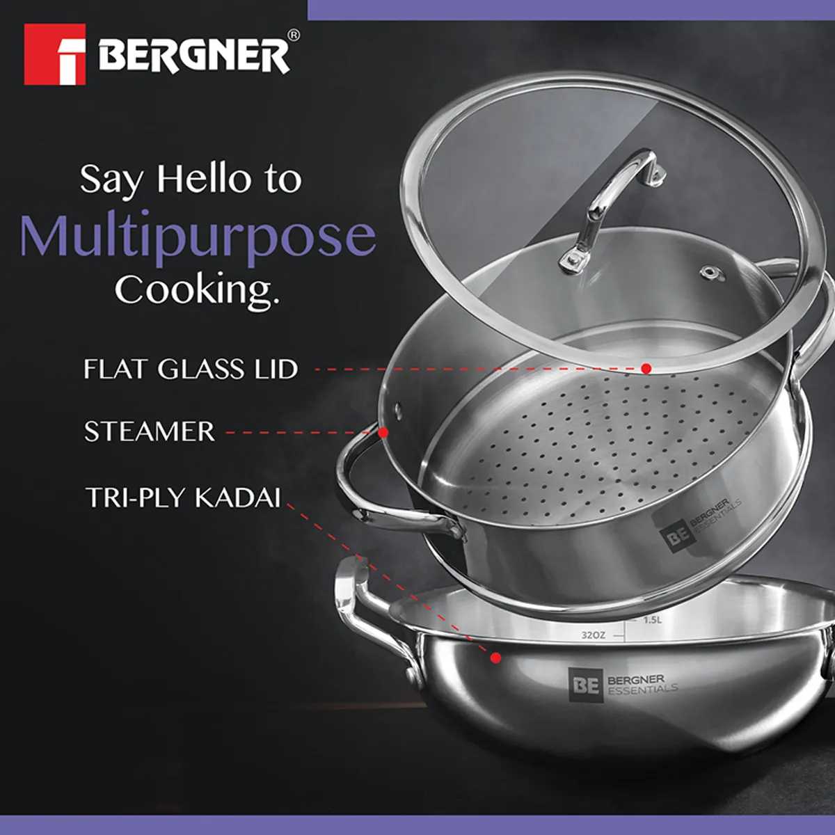 Silver triply kadhai and steamer with glass lid shown in an exploded view