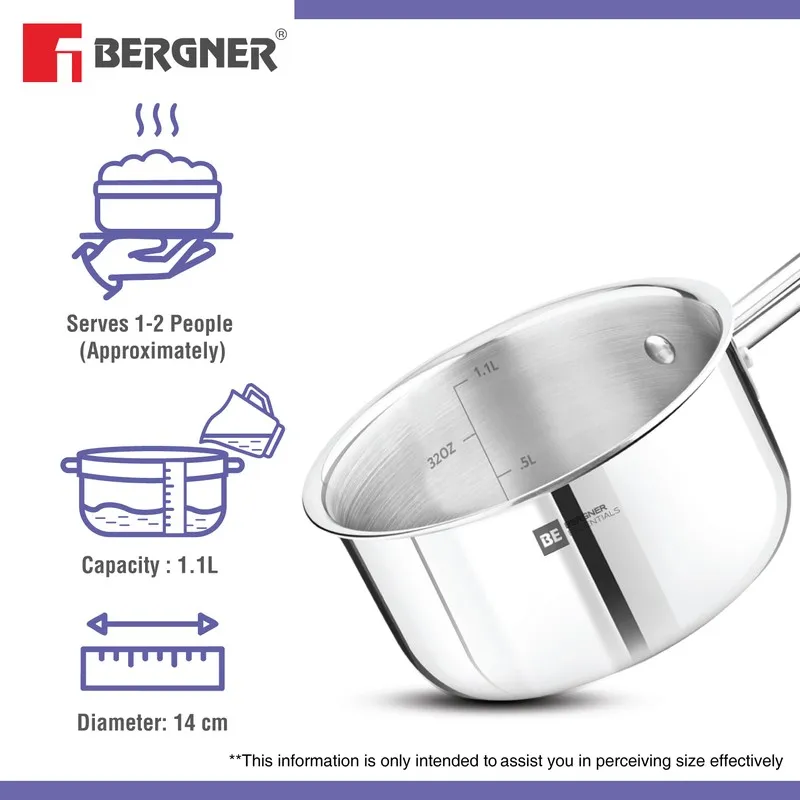 Silver saucepan shown with serving and capacity illustrations