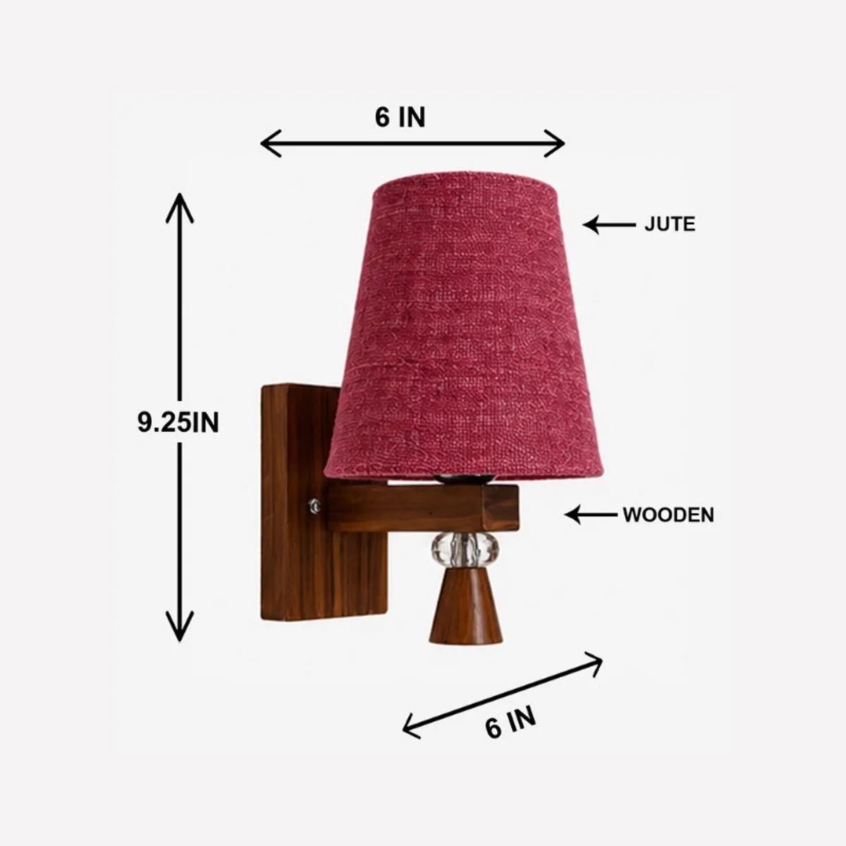 Pink jute wall lamp with brown wooden base shown with measurement arrows