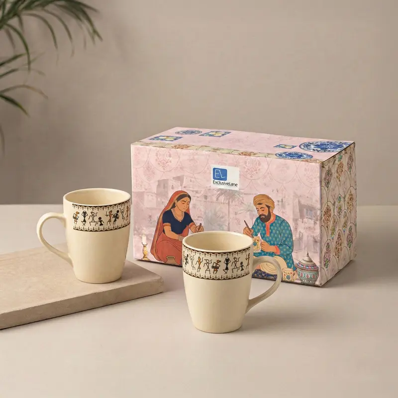 Warli Ceramic Coffee Mug (300 mL Each) - Set of Two