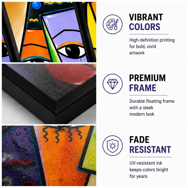 Promotional collage showing colourful art close-ups and black frame details