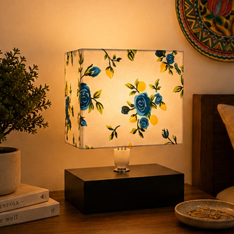 Buckram Wooden Table Lamp - Blue & White