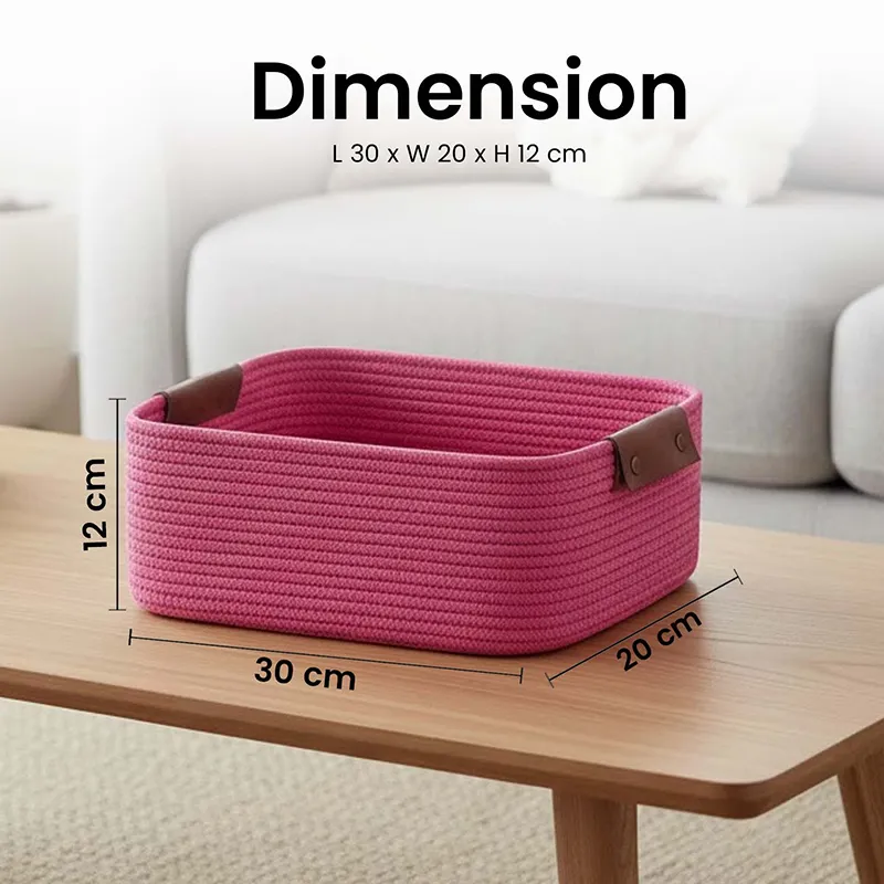 Dark pink rectangular storage basket with dimensions shown on a tabletop