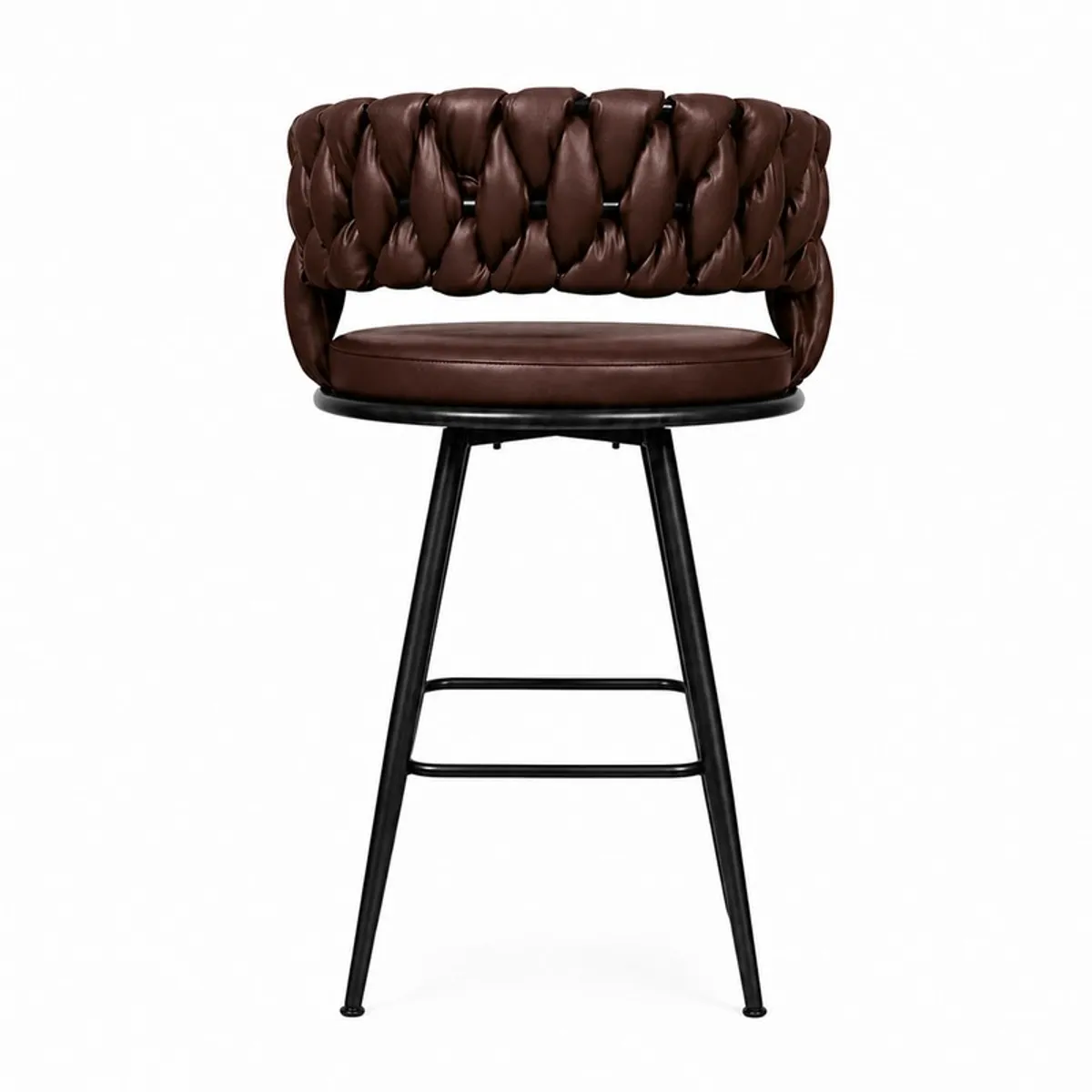 Rear view of the brown bar stool showing its textured back and black legs.